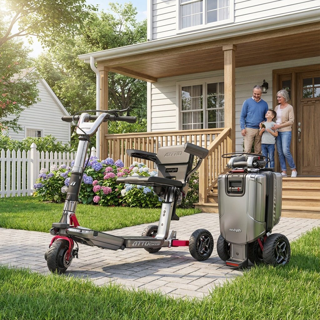 Couple with their grandkid and their ATTO SPORT mobility scooter