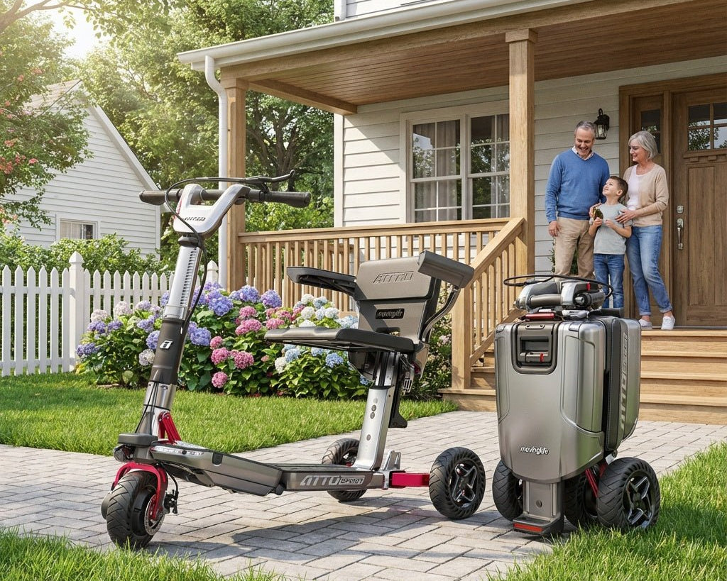Couple with their grandkid and their ATTO SPORT mobility scooter