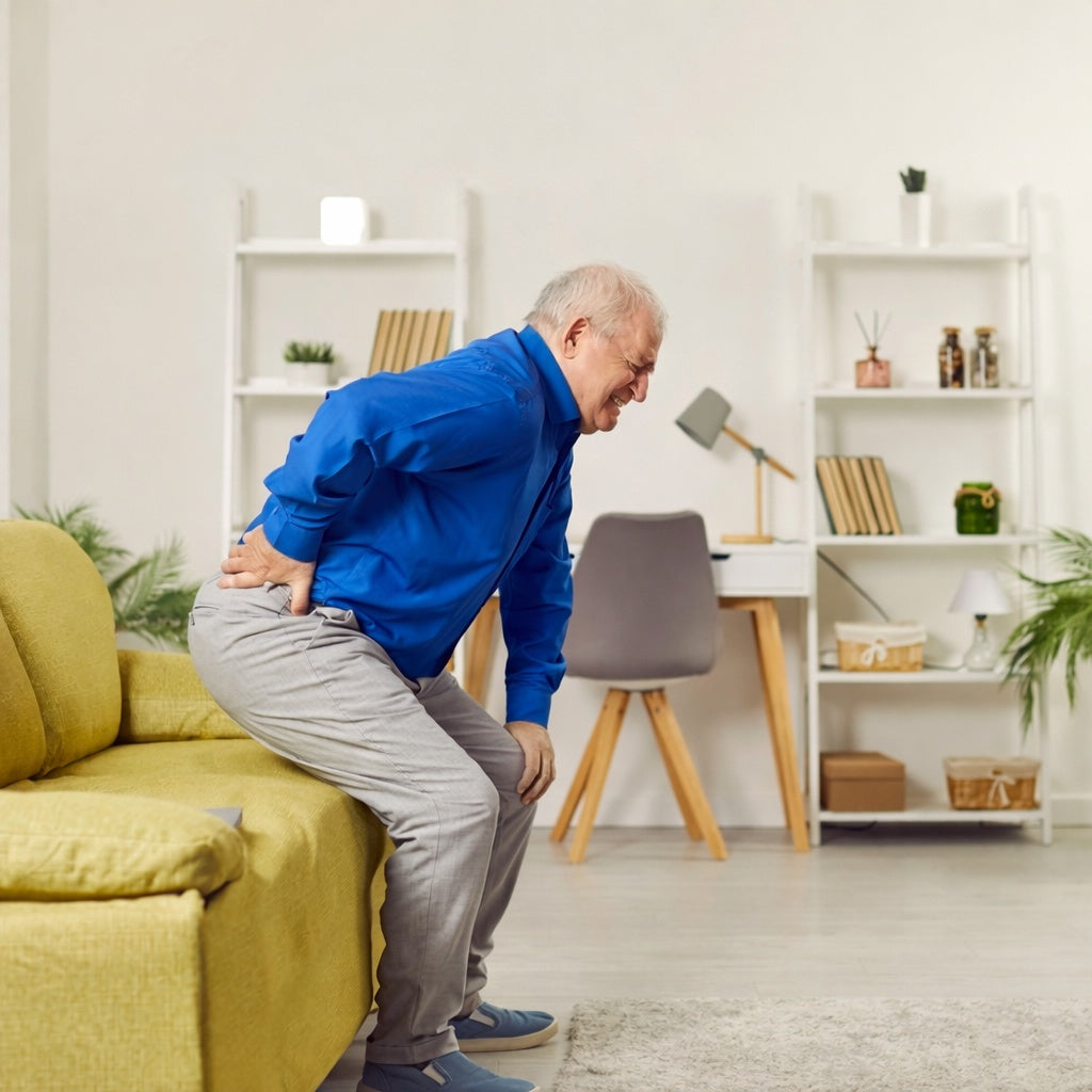 Old man with MS and chronic issues getting up from the couch